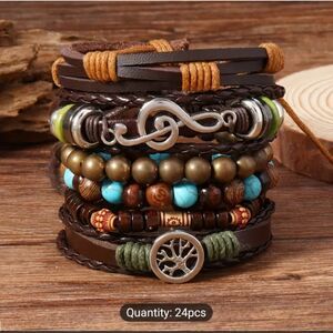6 men's bracelets‎ leather layered braided beaded music Tree of life e64